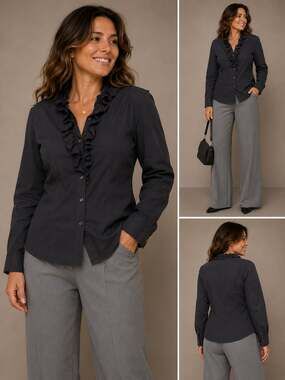 Black Long Sleeve Button-Front Blouse with Ruffled Plunge Neck
M-77